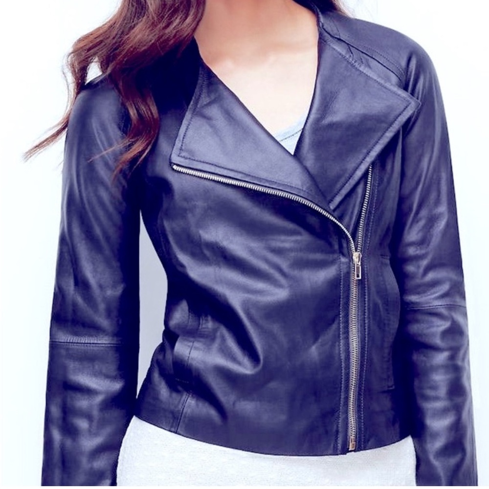 Ann Taylor Genuine 100% Leather Dark Navy Blue Asymmetric Moto Jacket PM EUC